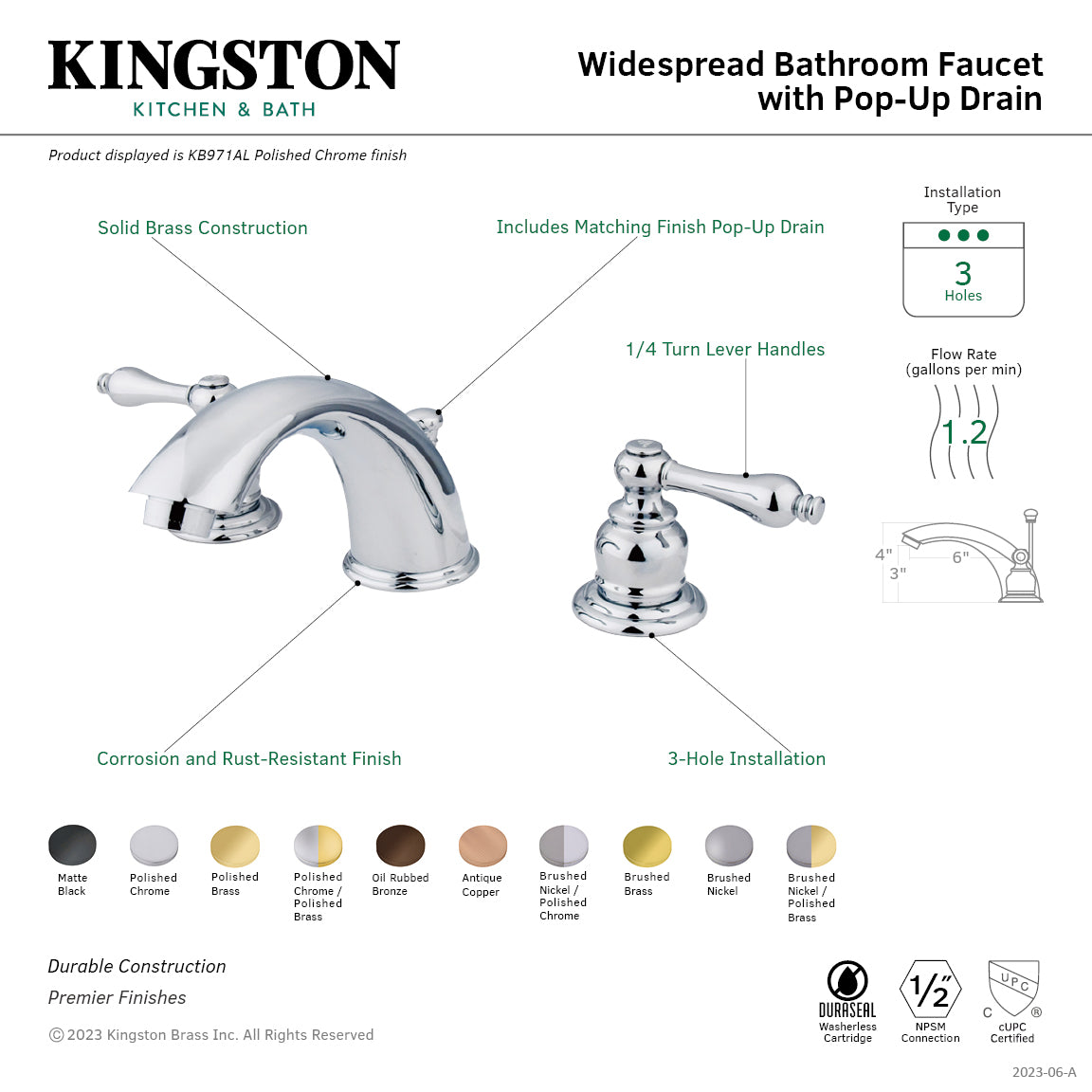 Kingston Heirloom KB970AL - Victorian Two-Handle 3-Hole Deck Mount Widespread Bathroom Faucet with Pop-Up Drain, Matte Black — thumbnail 2